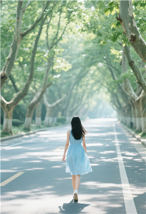 春天南京梧桐树下治愈系美女背影图片